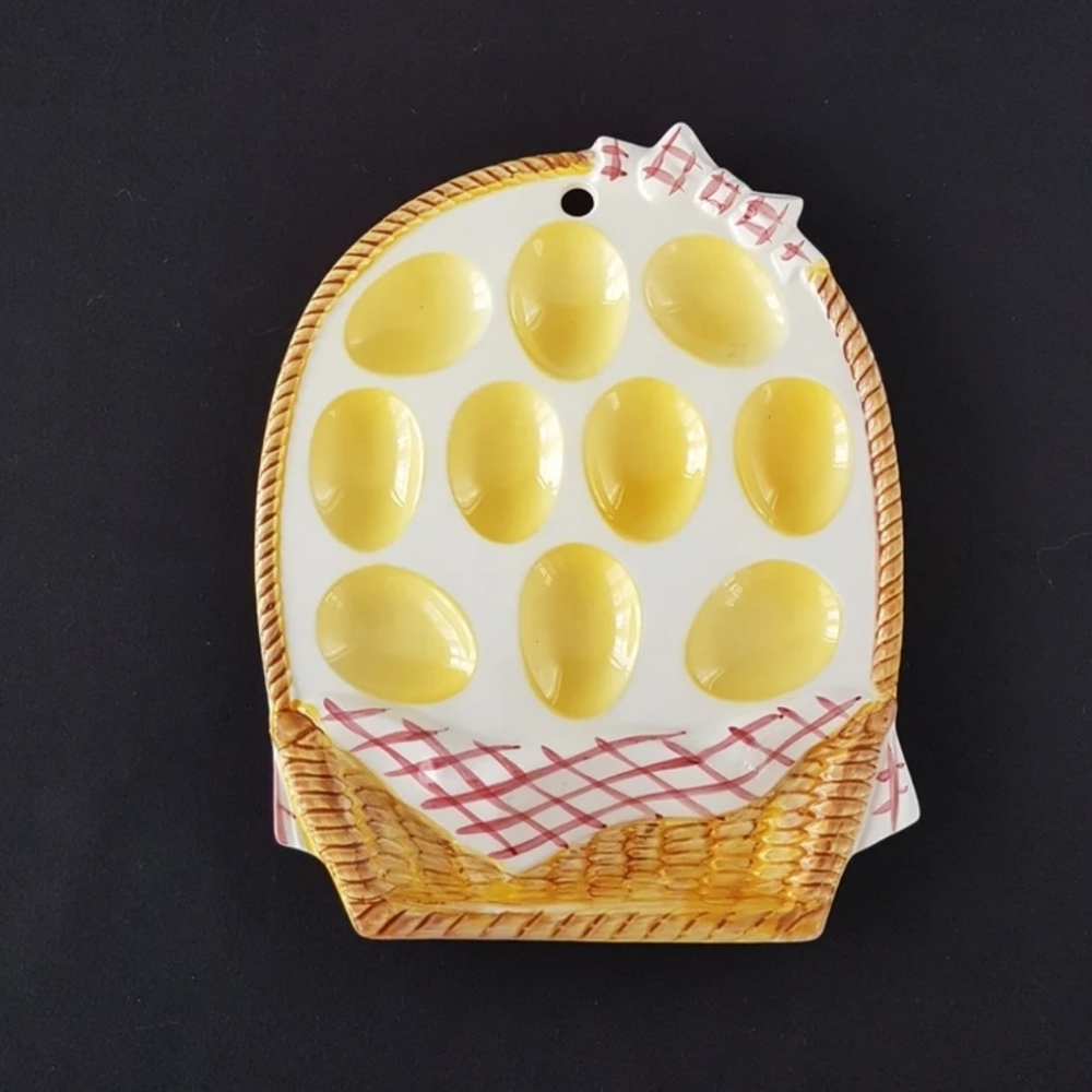 Lefton Ceramic Deviled Egg Tray, Hand Painted, Wall Hanging, 10 Eggs in a Basket
